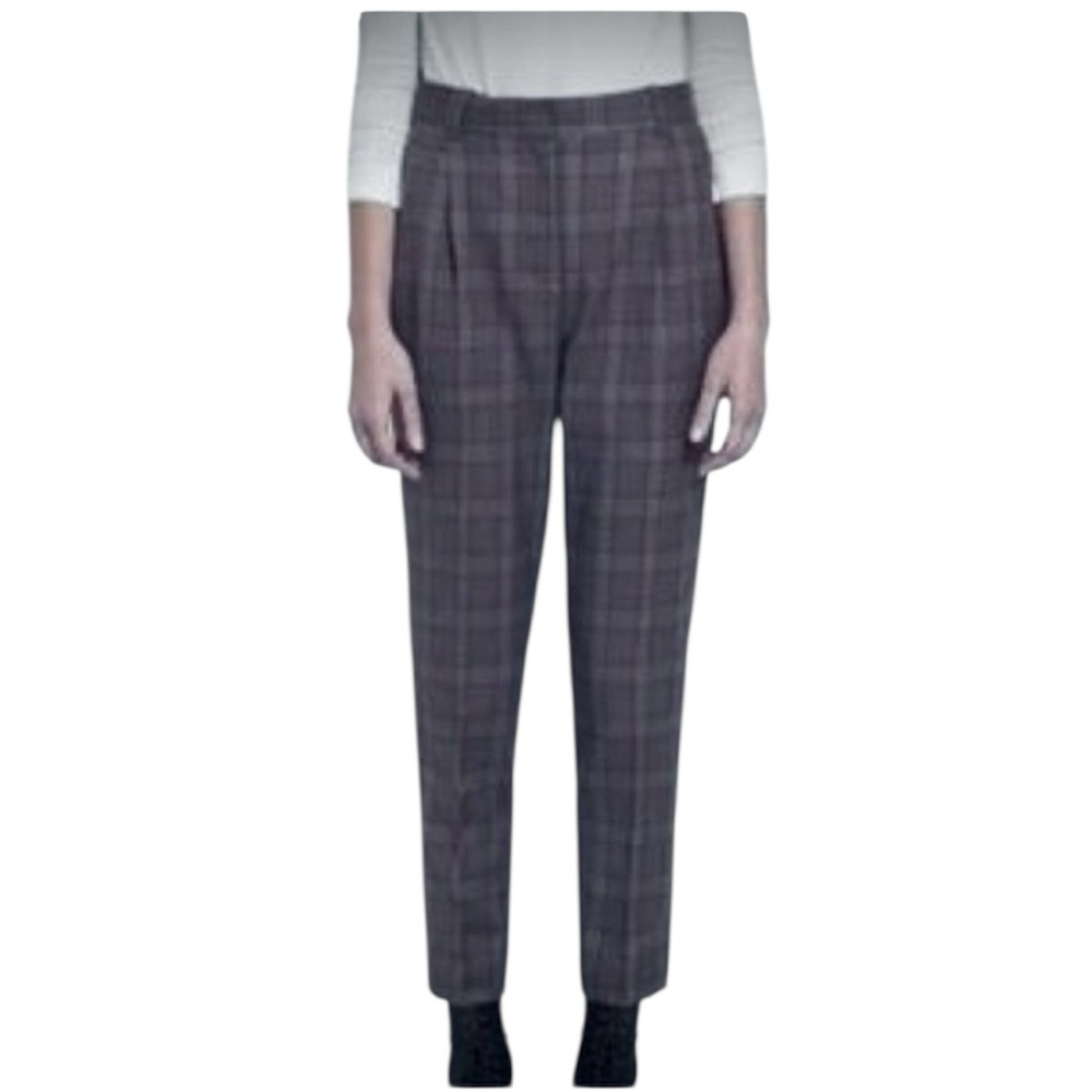 𝅺FRANK AND OAK GREY BLACK PLAID HIGH RISE PEGGED PLEATED FRONT SLIM FIT TROUSER
